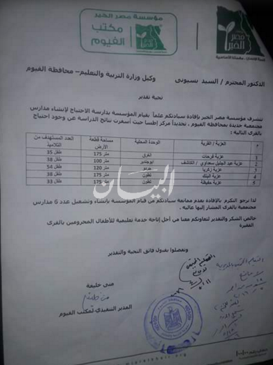 " مؤسسة مصر الخير " تفتح 6مدارس نظام الفصل الواحد "بالفيوم